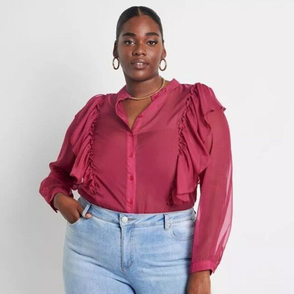 Eloquii Plus Size Red Ruffle Front‎ Chiffon Blous… - image 2